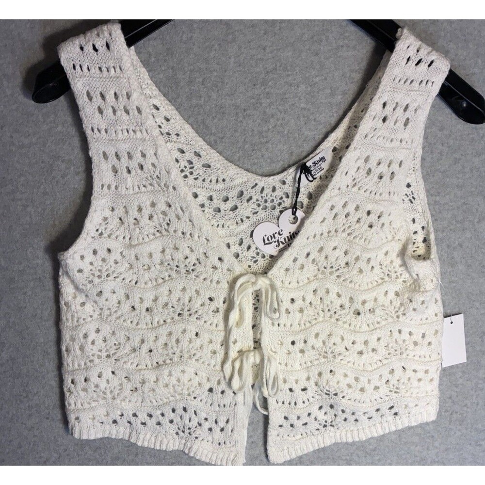 Love Knits W Sz L Vest Boho Knit Crochet Bow Coquette Cottage Core White